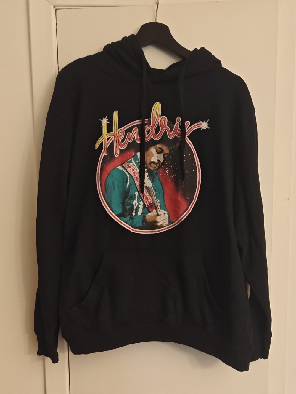 Black Graphic Pullover Hoodie with Colorful Music Illustration